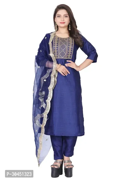 Stylish Navy Blue Silk Kurta, Bottom And Dupatta Set For Women-thumb0