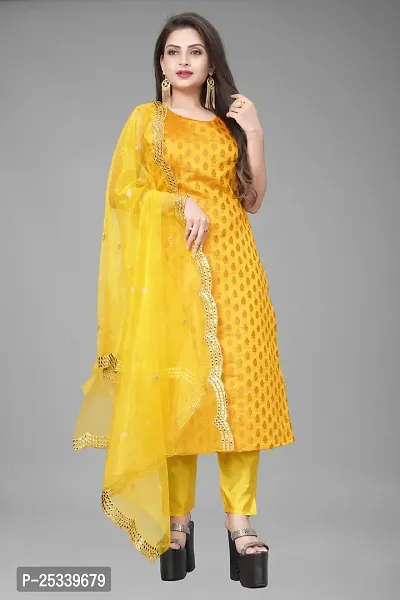 A-Line Yellow Woven Design Jacquard kurta Set