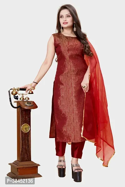 Elegant Maroon Woven Design Jacquard Kurta Pant With Dupatta For Women