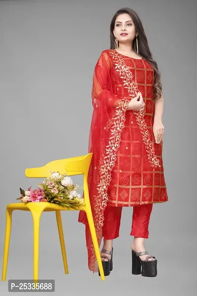 A-Line Red Woven Design Jacquard kurta Set-thumb0