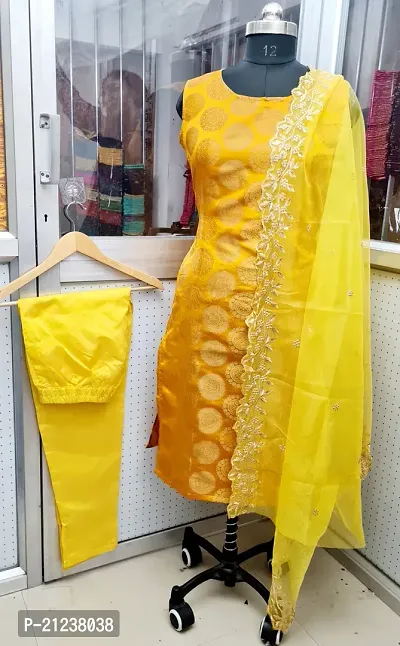 Stylish A-Line Yellow Jacquard Jacquard kurta Set