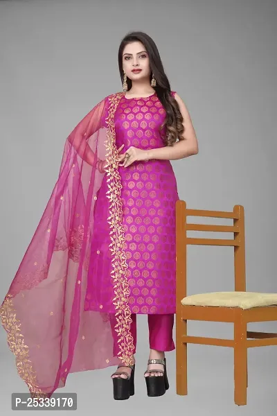 A-Line Pink Woven Design Jacquard kurta Set-thumb0