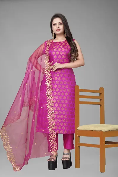 Stylish A-Line Woven Design Jacquard Kurta Set