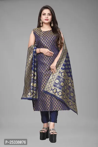 A-Line Navy Blue Woven Design Jacquard kurta Set-thumb0