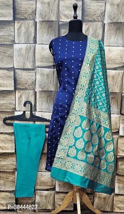 Stylish Navy Blue Jacquard Kurta, Bottom And Dupatta Set For Women-thumb0