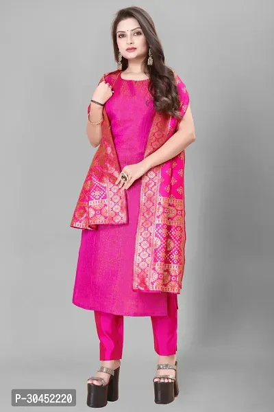 Elegant Pink Woven Design Jacquard Kurta Pant With Dupatta For Women