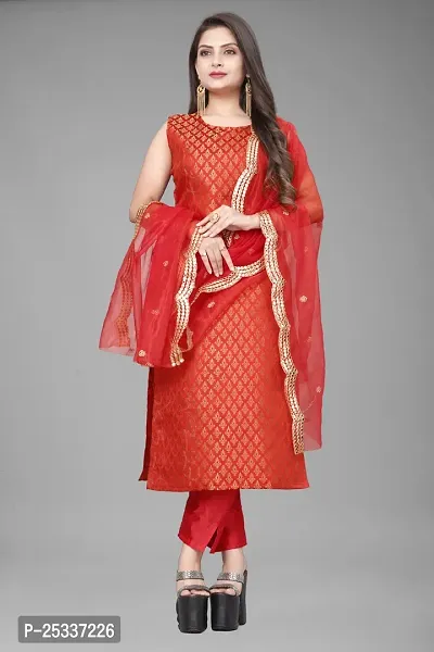 A-Line Red Woven Design Jacquard kurta Set