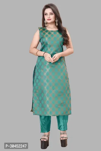 Elegant Teal Woven Design Jacquard A-Line Kurta Pant With Dupatta For Women-thumb2