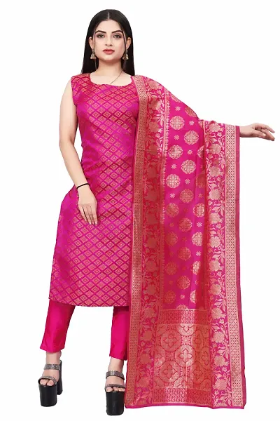 Stylish Jacquard Kurta And Pant With Dupatta Set For Women