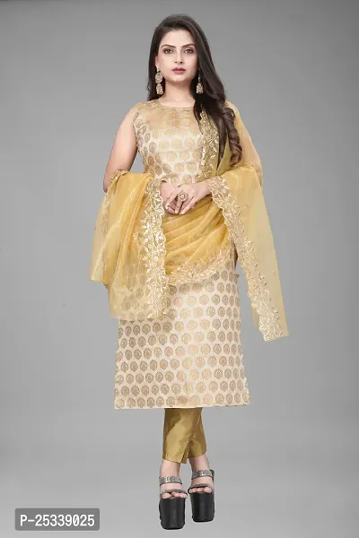 A-Line Beige Woven Design Jacquard kurta Set-thumb0