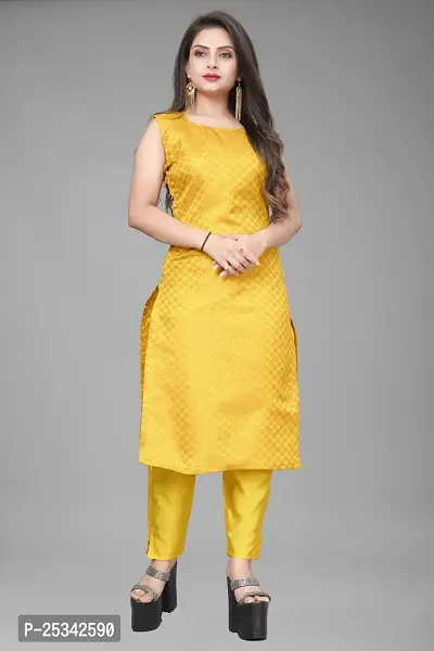 A-Line Yellow Woven Design Jacquard kurta Set-thumb2