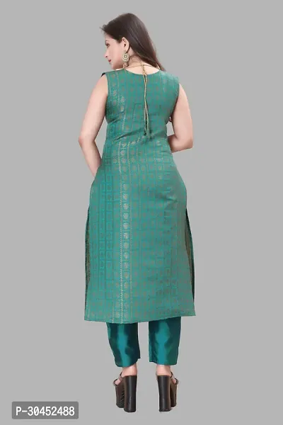 Elegant Teal Woven Design Jacquard A-Line Kurta Pant With Dupatta For Women-thumb3