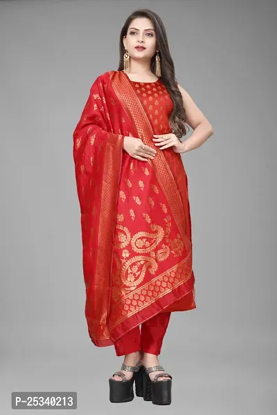 A-Line Red Woven Design Jacquard kurta Set-thumb0