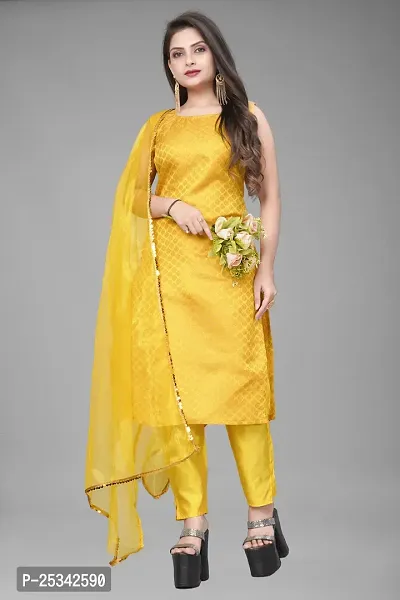 A-Line Yellow Woven Design Jacquard kurta Set-thumb0