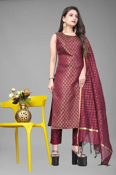 Stylish A-Line Jacquard Woven Design Kurta with Bottom and Dupatta Set