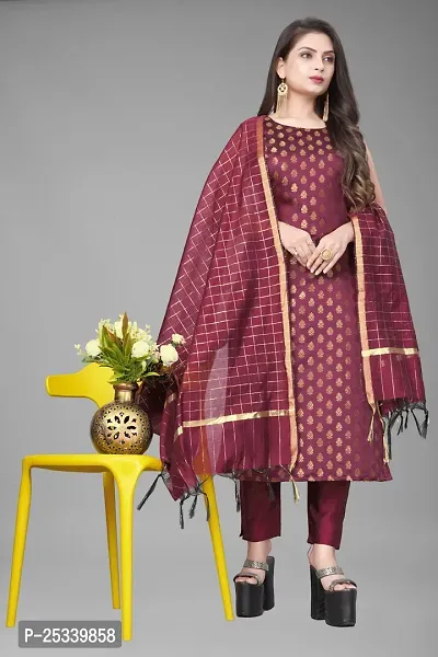 A-Line Maroon Woven Design Jacquard kurta Set-thumb0