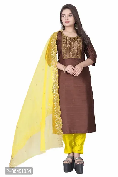 Stylish Brown Silk Kurta, Bottom And Dupatta Set For Women