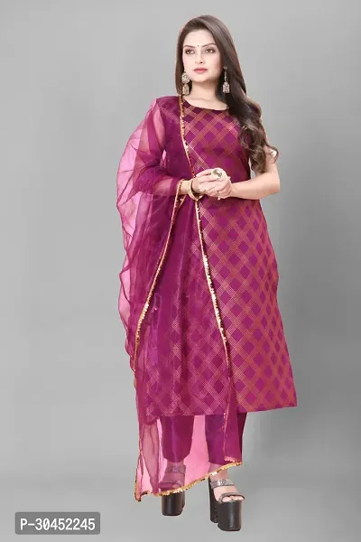 Elegant Purple Woven Design Jacquard A-Line Kurta Pant With Dupatta For Women-thumb0