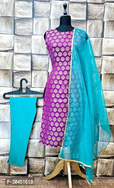 Elegant Purple Woven Design Jacquard A-Line Kurta Pant With Dupatta For Women