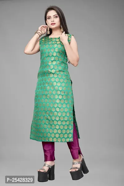 A-Line Teal Woven Design Jacquard Kurti-thumb0