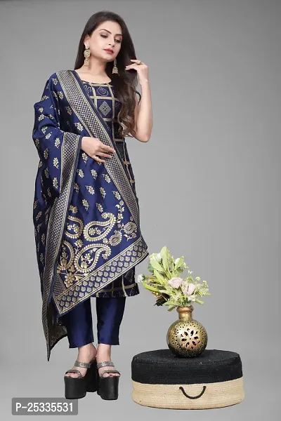 A-Line Navy Blue Woven Design Jacquard kurta Set