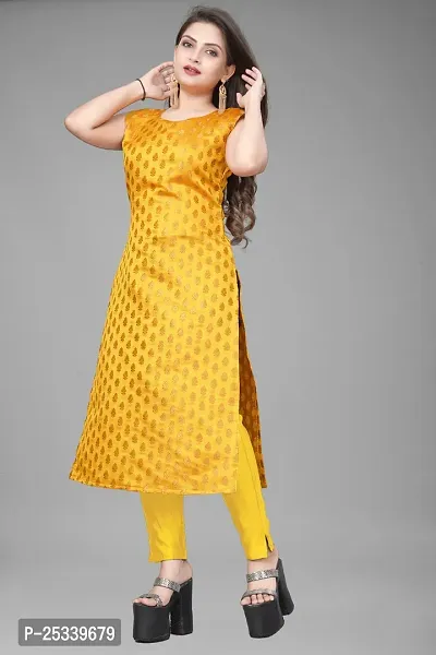 A-Line Yellow Woven Design Jacquard kurta Set-thumb2