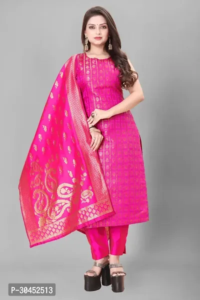 Elegant Pink Woven Design Jacquard A-Line Kurta Pant With Dupatta For Women-thumb0