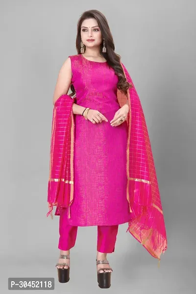 Elegant Pink Woven Design Jacquard Kurta Pant With Dupatta For Women