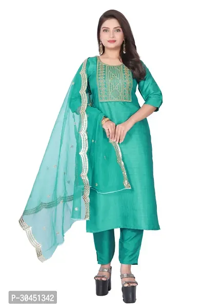 Stylish Green Silk Kurta, Bottom And Dupatta Set For Women-thumb0