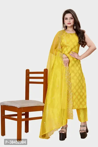 Elegant Yellow Woven Design Jacquard A-Line Kurta Pant With Dupatta For Women-thumb0