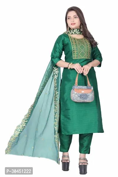 Stylish Green Silk Kurta, Bottom And Dupatta Set For Women