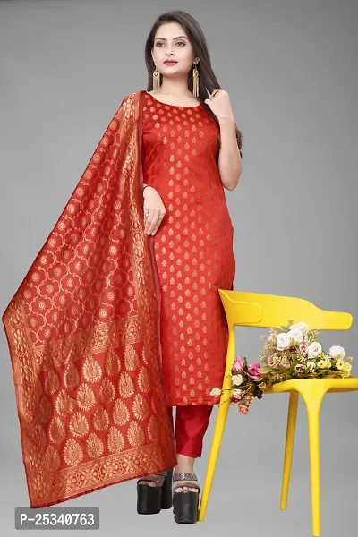 A-Line Red Woven Design Jacquard kurta Set-thumb0