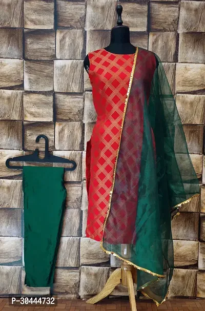 Stylish Red Jacquard Kurta, Bottom And Dupatta Set For Women