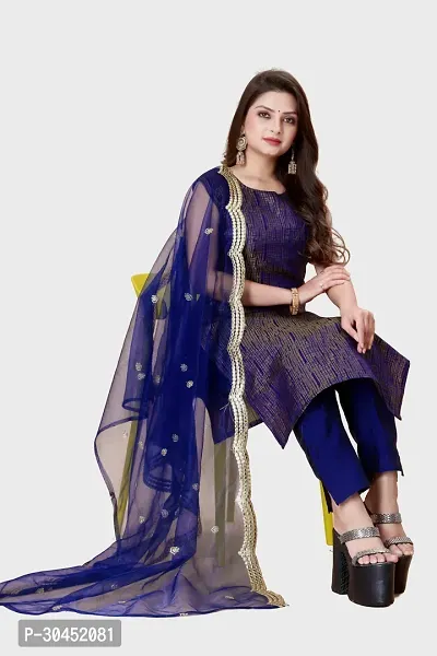 Elegant Navy Blue Woven Design Jacquard Kurta Pant With Dupatta For Women