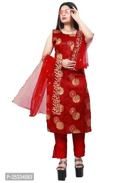 A-Line Red Woven Design Jacquard kurta Set