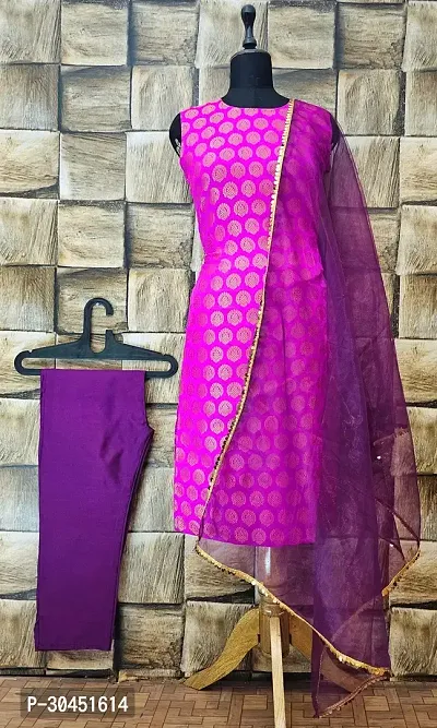 Elegant Pink Woven Design Jacquard A-Line Kurta Pant With Dupatta For Women-thumb0