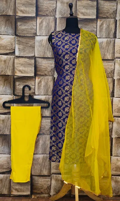 Elegant Woven Design Jacquard A-Line Kurta Pant With Dupatta For Women