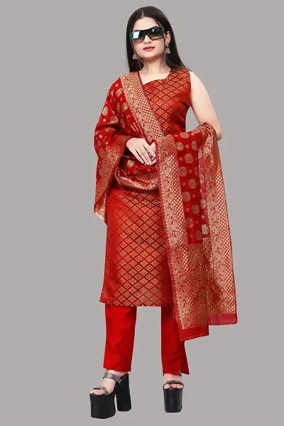 Stylish Jacquard Kurta And Pant With Dupatta Set For Women