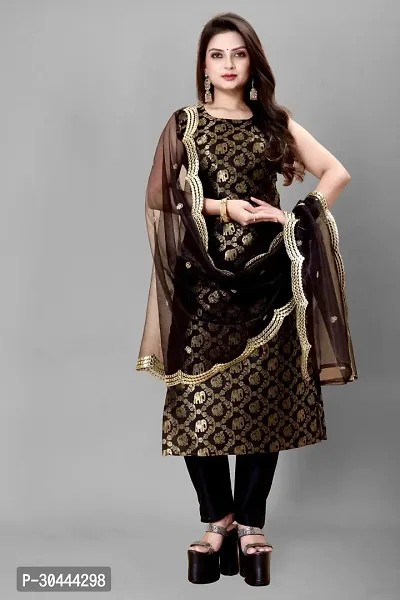 Stylish Black Jacquard Kurta, Bottom And Dupatta Set For Women-thumb0