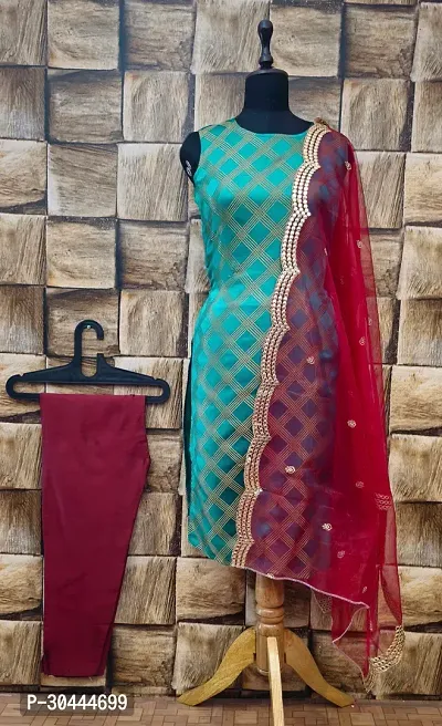 Stylish Teal Jacquard Kurta, Bottom And Dupatta Set For Women