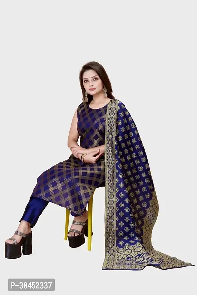 Elegant Navy Blue Woven Design Jacquard A-Line Kurta Pant With Dupatta For Women-thumb0