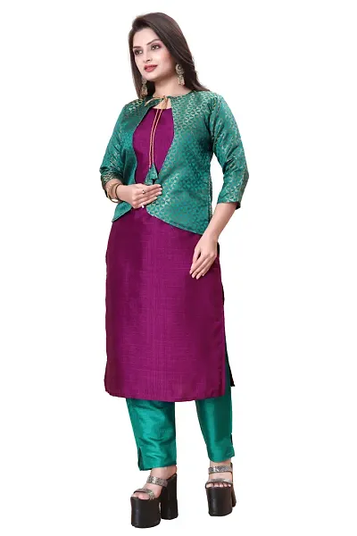 Stylish Soft Silk Kurta With Pant And Koti Set For Women