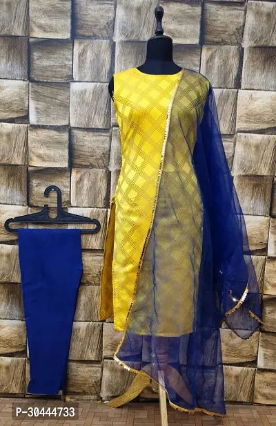 Stylish Yellow Jacquard Kurta, Bottom And Dupatta Set For Women