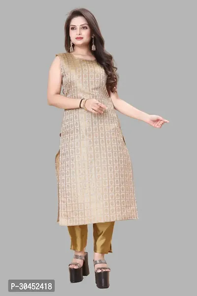 Elegant Beige Woven Design Jacquard A-Line Kurta Pant With Dupatta For Women-thumb2