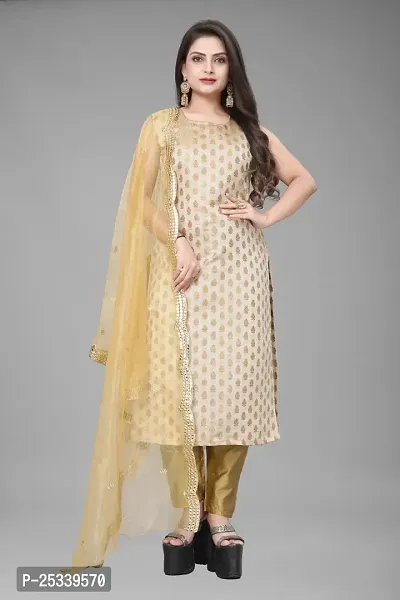 A-Line Beige Woven Design Jacquard kurta Set-thumb0