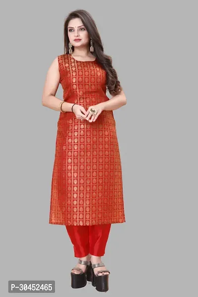 Elegant Red Woven Design Jacquard A-Line Kurta Pant With Dupatta For Women-thumb2