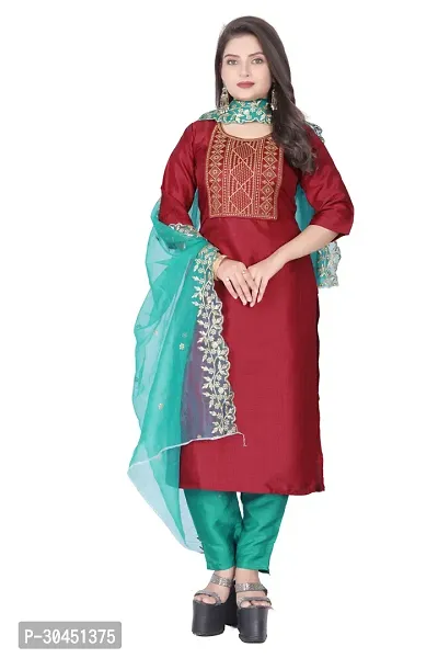 Stylish Maroon Silk Kurta, Bottom And Dupatta Set For Women