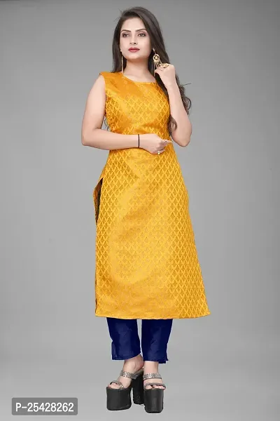 A-Line Yellow Woven Design Jacquard Kurti-thumb0