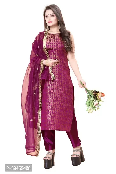 Elegant Purple Woven Design Jacquard A-Line Kurta Pant With Dupatta For Women