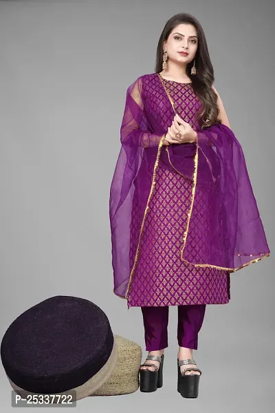 A-Line Purple Woven Design Jacquard kurta Set